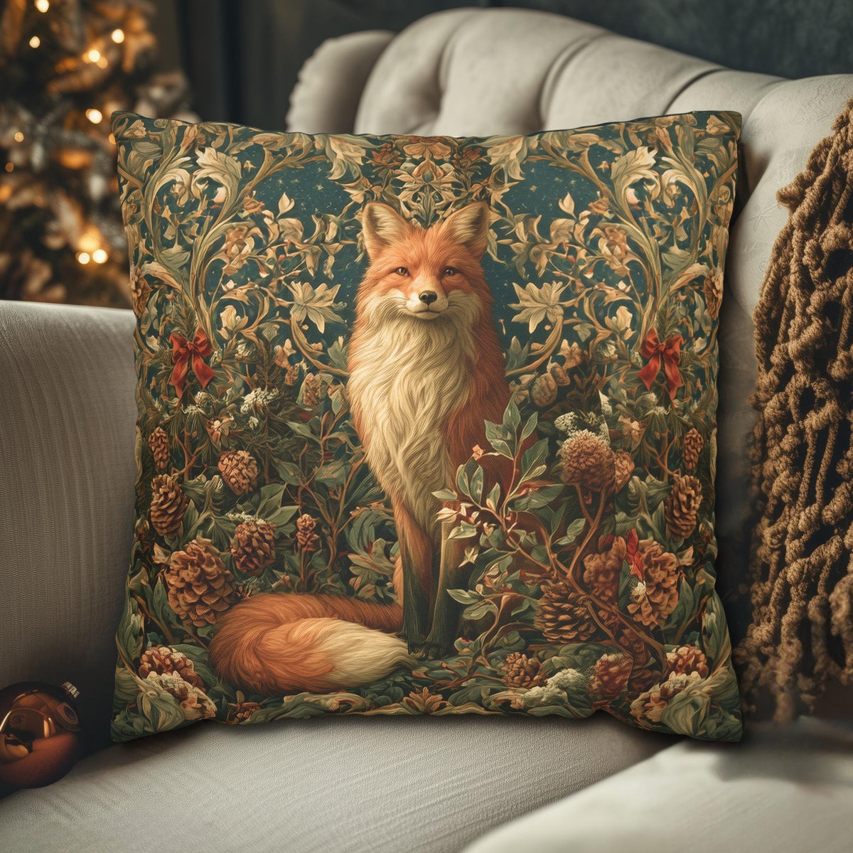 William Morris Inspired Christmas Pillow Cover: Woodland Fox Botanical Holiday Decor