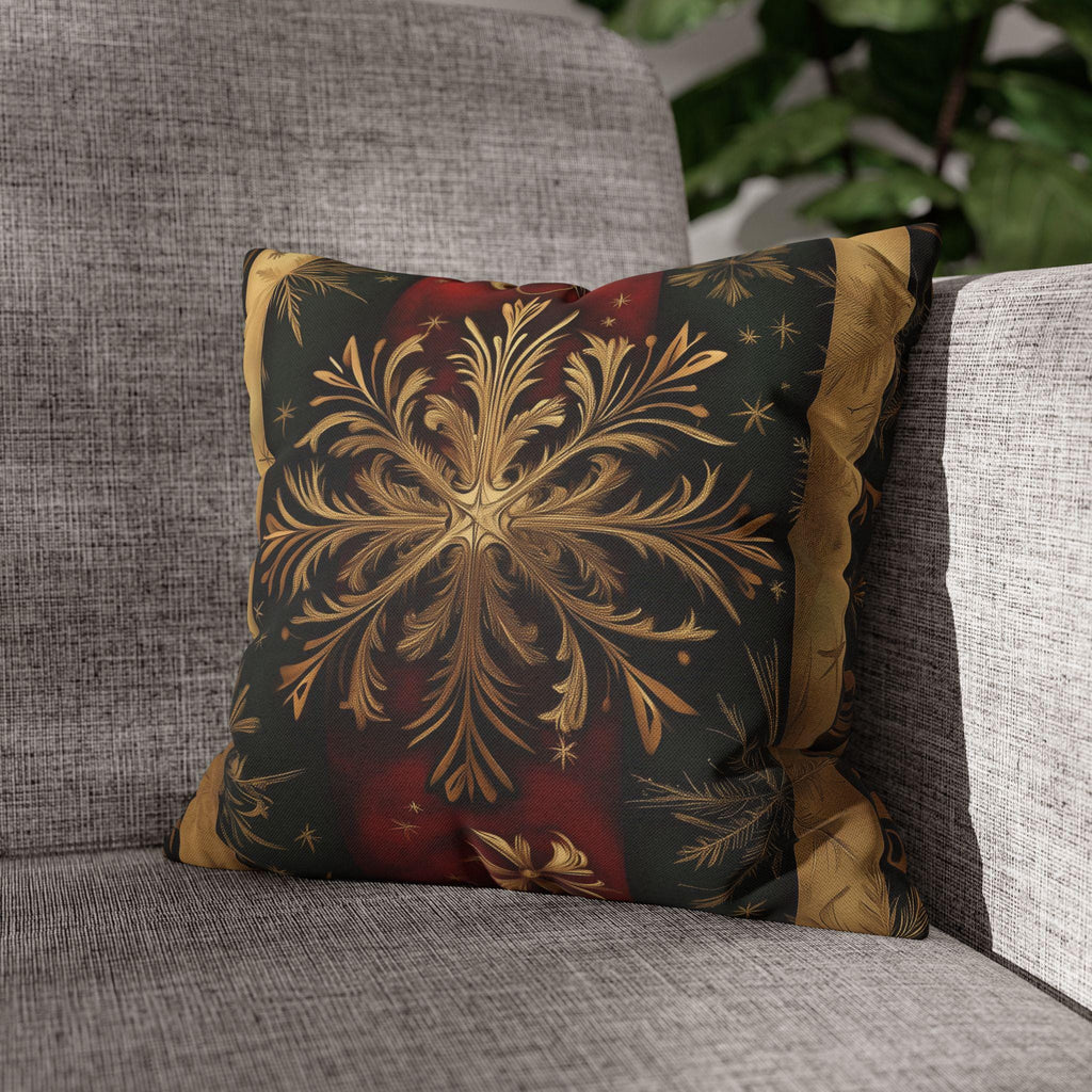 Elegant Holiday Snowflake Pillow Cover: Festive Red, Green & Gold Striped Christmas Decor for Home