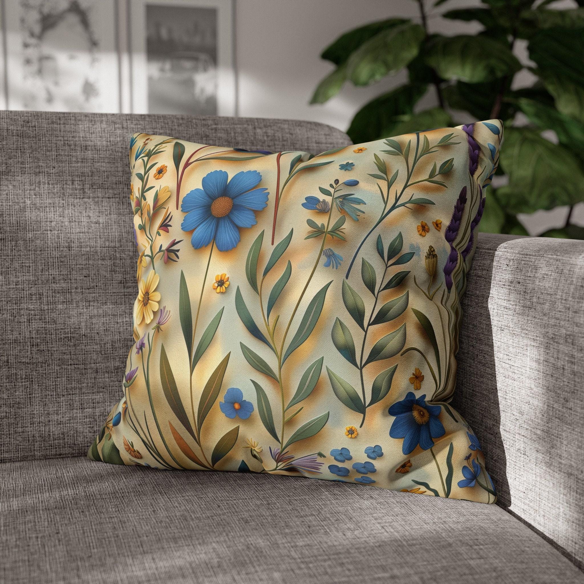 Elegant Cottagecore Wildflower Pillow Cover: Blue, Yellow & Green Floral on Beige - Housewarming Gift