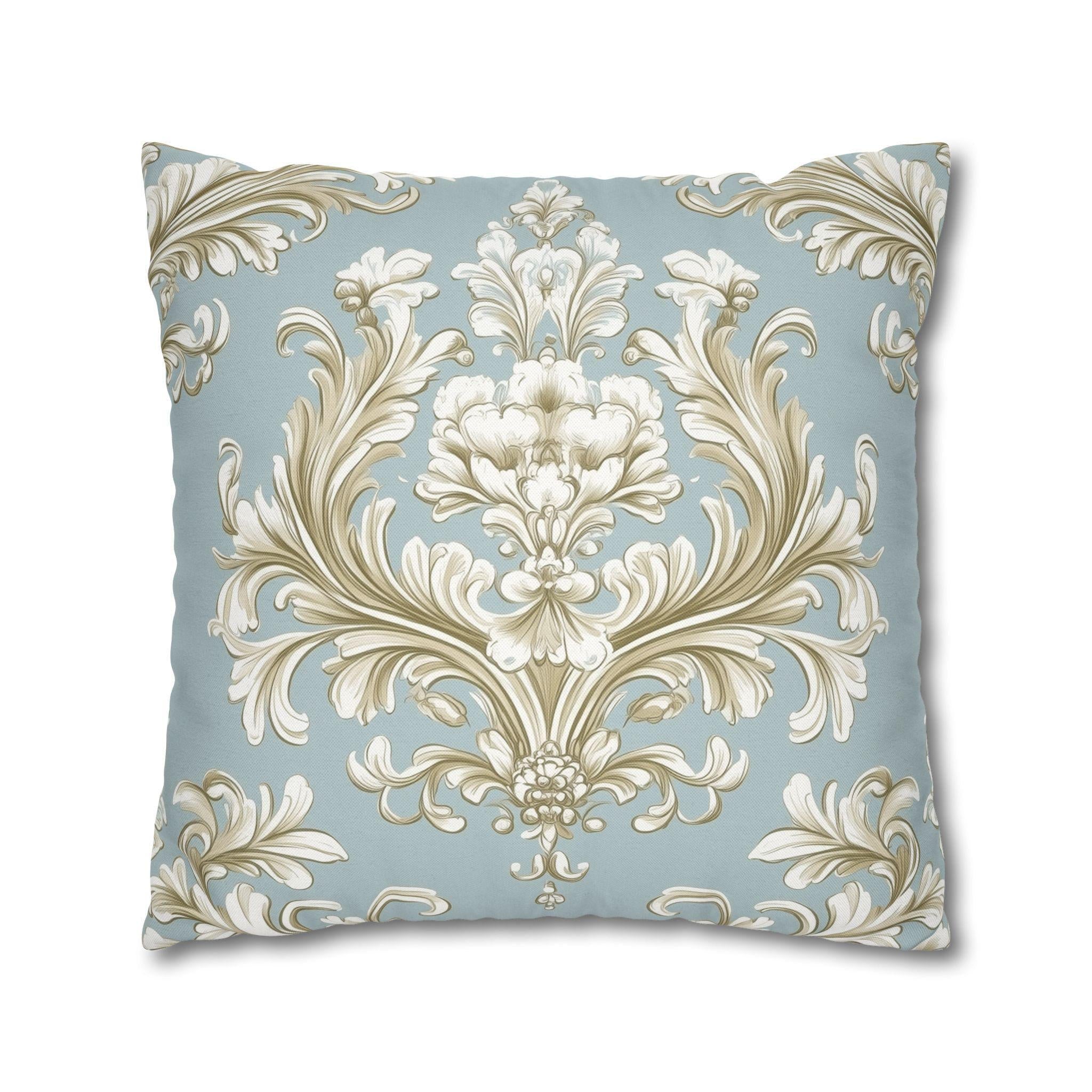 Elegant Baroque Floral Pillowcase: Champagne & Gold on Powder Blue - Luxurious Home Decor Gift