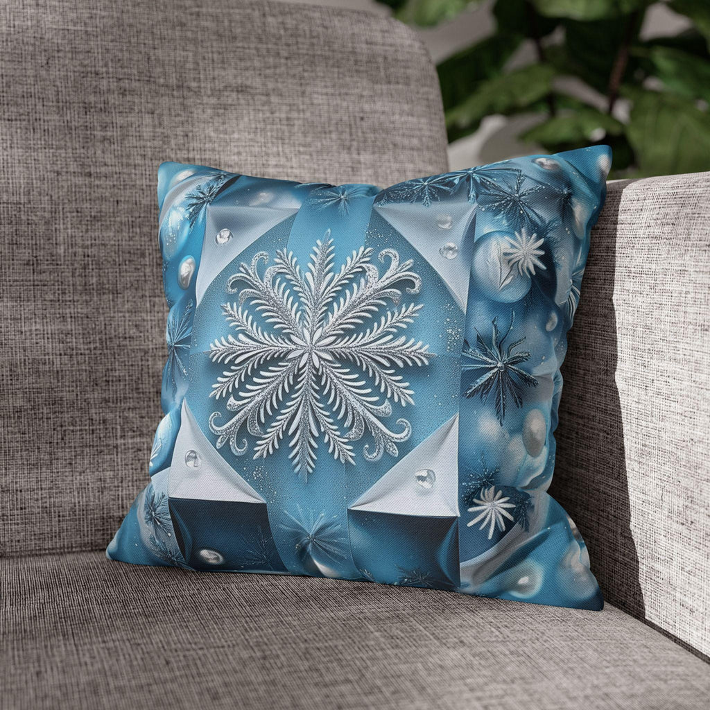 Icy Blue Frozen Snowflake Pillow Cover, with Silver & White Winter Home Decor Pillowcase
