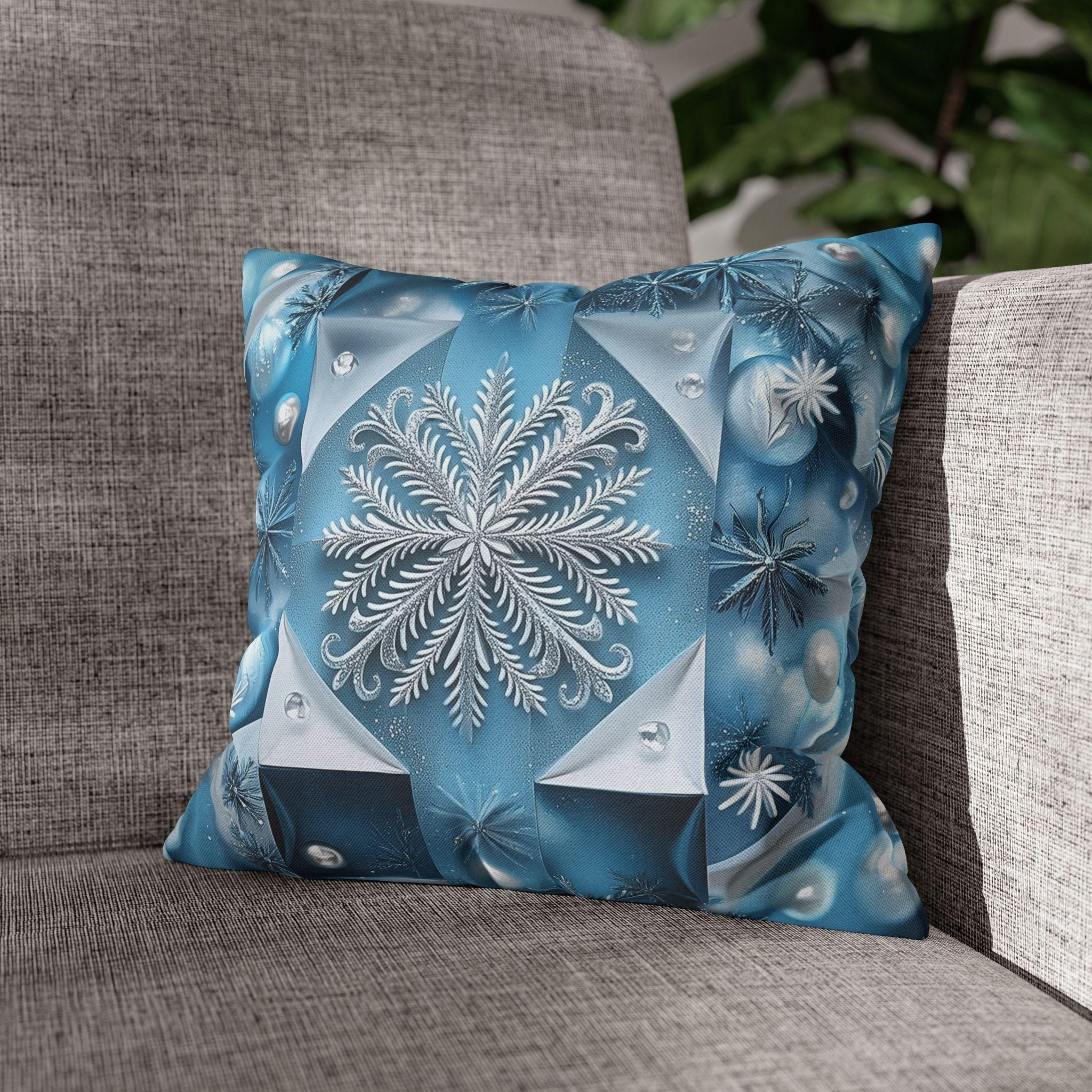 Icy Blue Frozen Snowflake Pillow Cover, with Silver & White Winter Home Decor Pillowcase