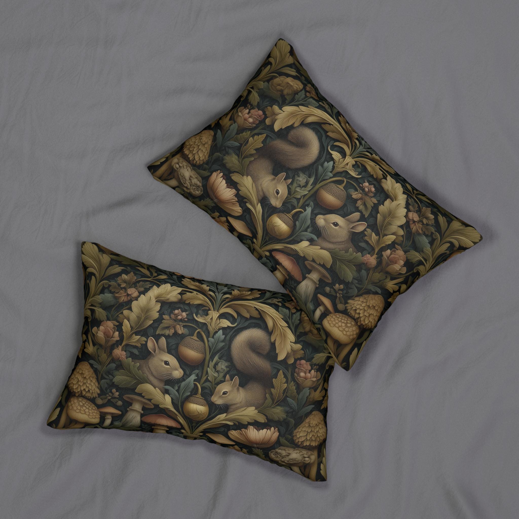 William Morris Woodland Forest Lumbar Pillow: Squirrel & Rabbit Tapestry-Style