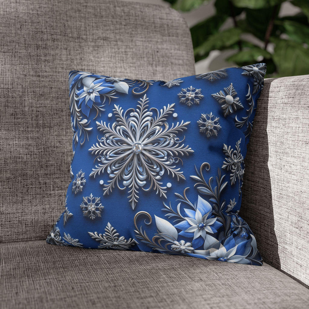 Winter Snowflake Square Pillowcase, Blue Decorative Pillow Cover, Christmas Holiday Home Decor