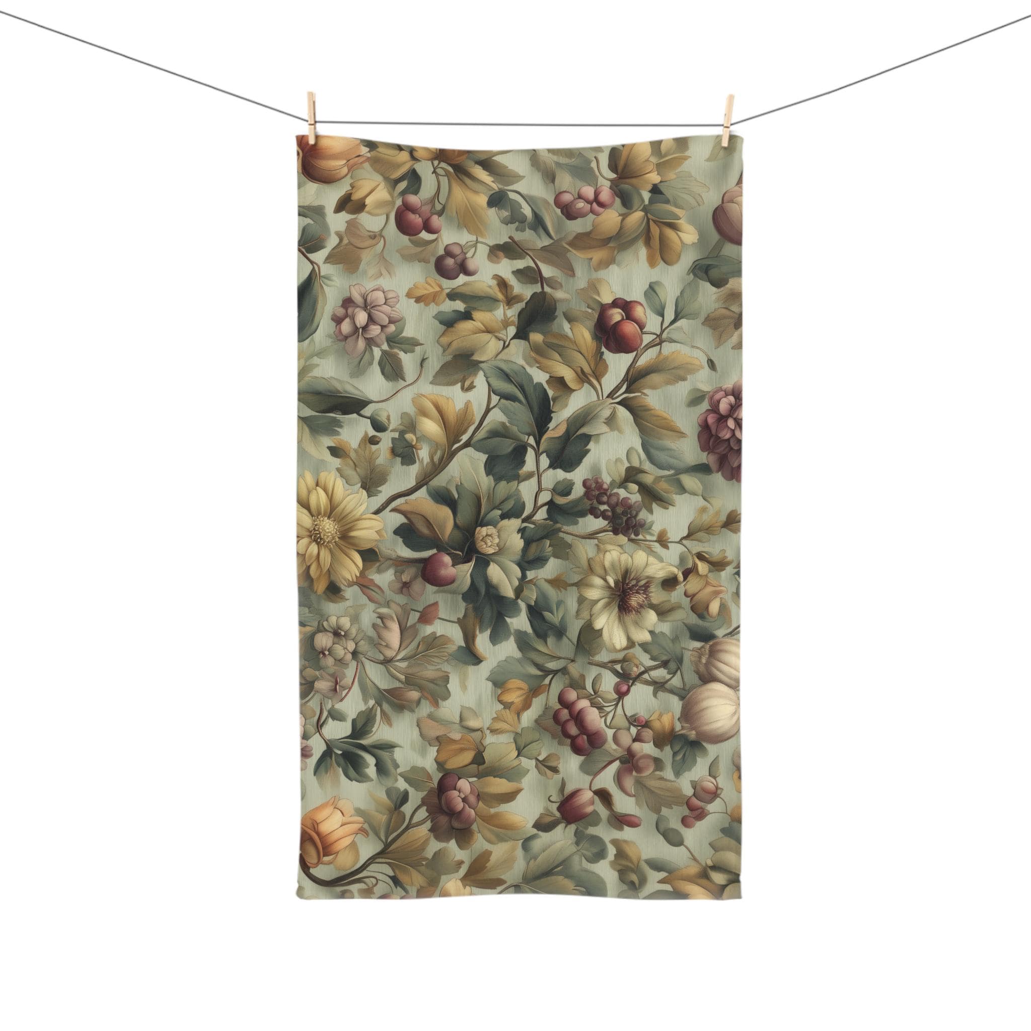 William Morris Inspired Fall Botanical Hand Towel: Sage Mint, Wine, Wheat