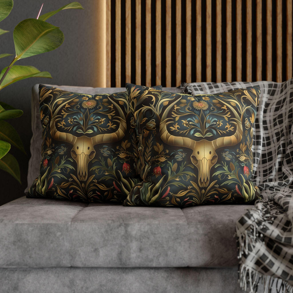 Southwest Floral Skull Pillow: William Morris Inspired Western Decor, Botanical Horned Cushion Cover