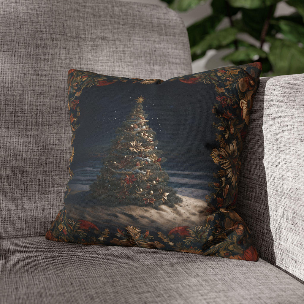 Coastal Christmas Pillow Cover: Tropical William Morris Tree, Red Gold Blue