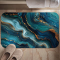Elegant Teal & Gold Ocean Wave Bath Mat: Abstract Bathroom Decor, Luxury Spa Floor Accent