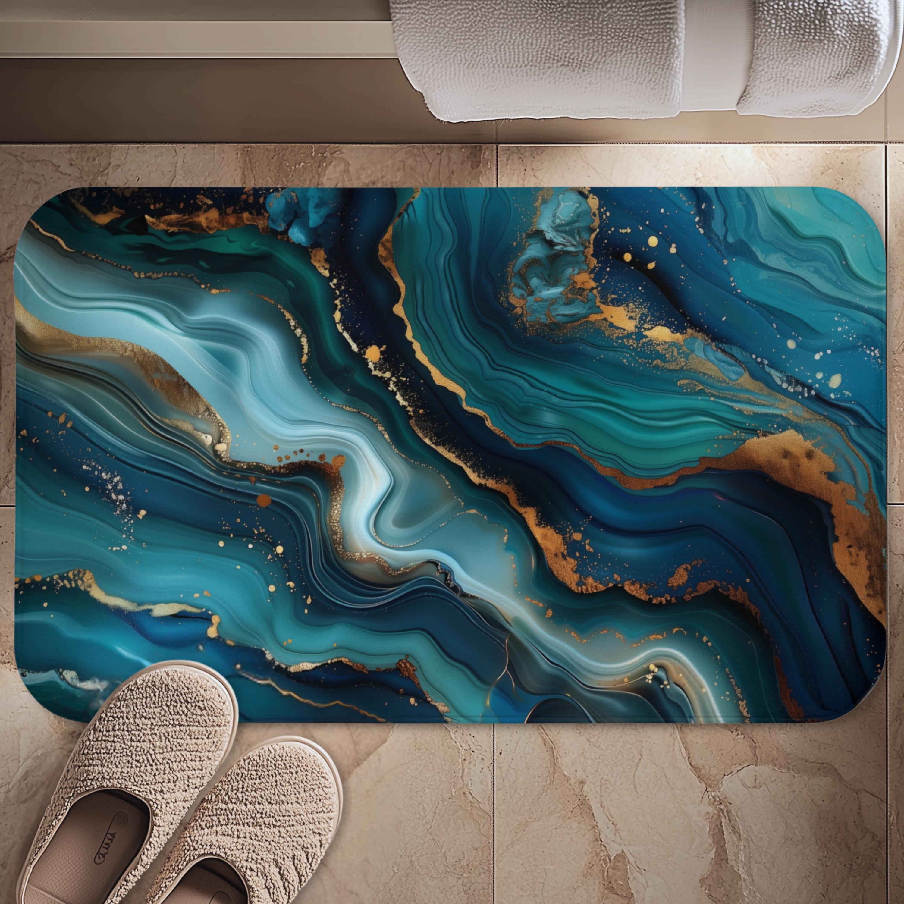Elegant Teal & Gold Ocean Wave Bath Mat: Abstract Bathroom Decor, Luxury Spa Floor Accent