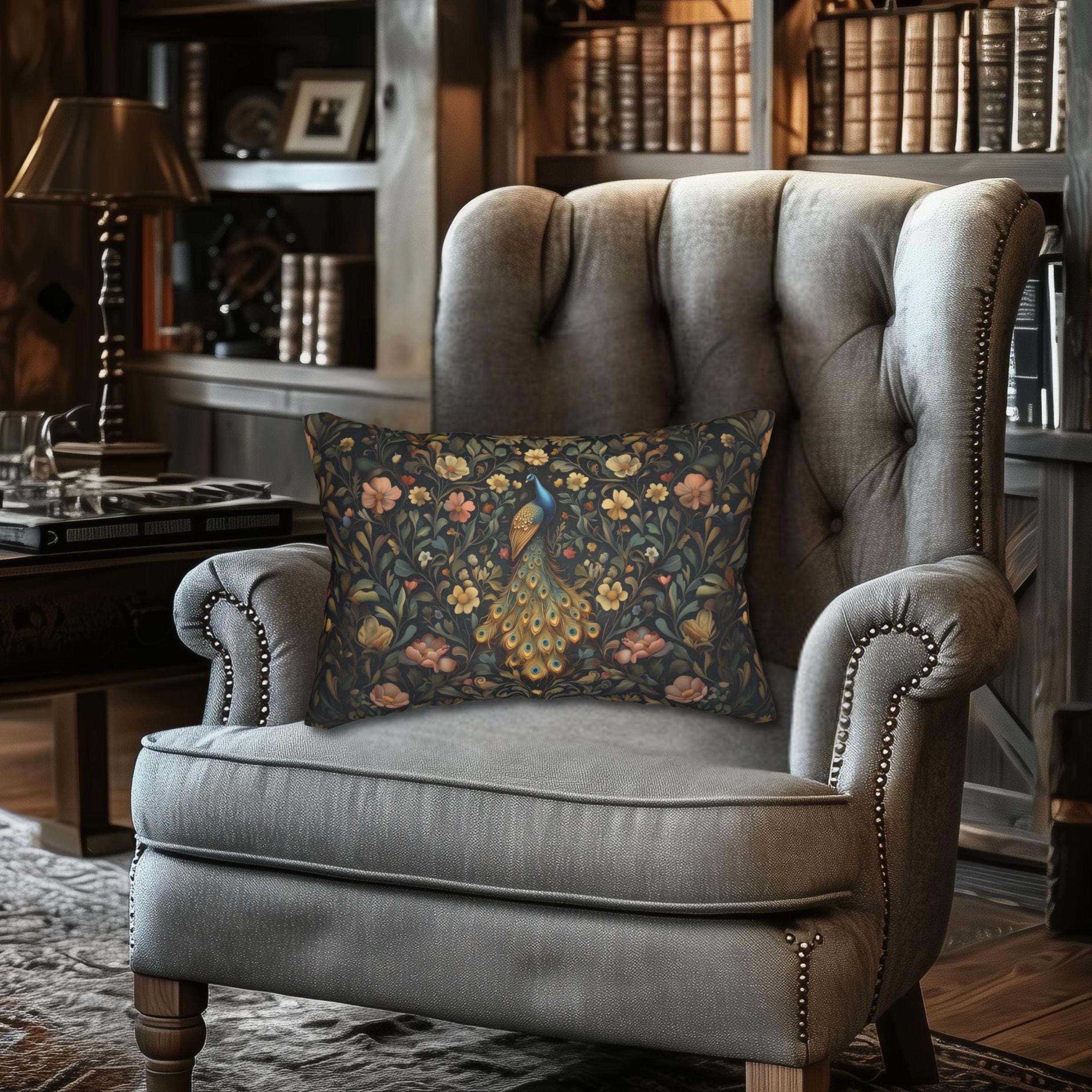 Majestic Peacock Lumbar Pillow: William Morris Vintage Style Arts and Crafts Decor