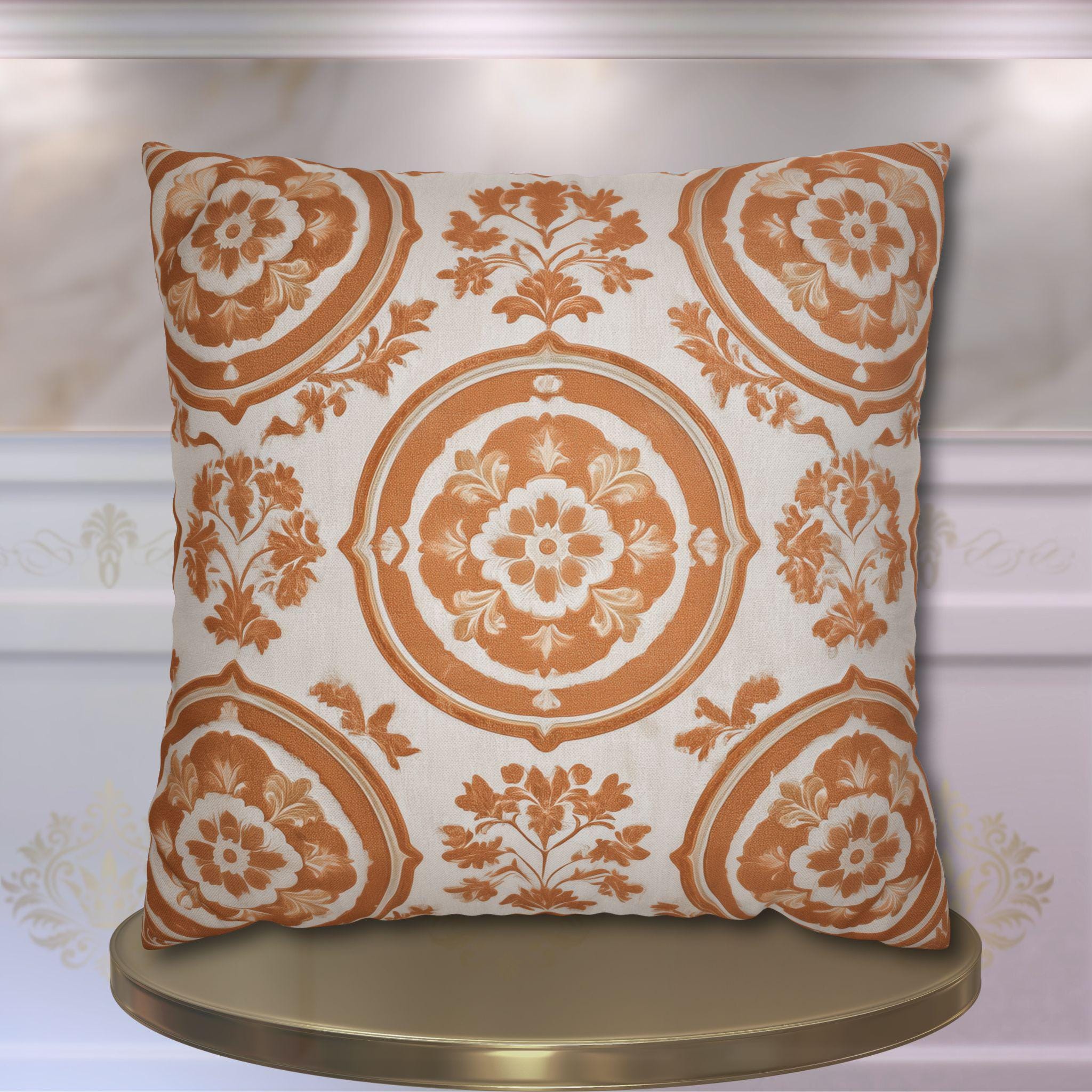 French Country Damask Pillow Cover: Terracotta Rust Vintage Style Farmhouse Accent
