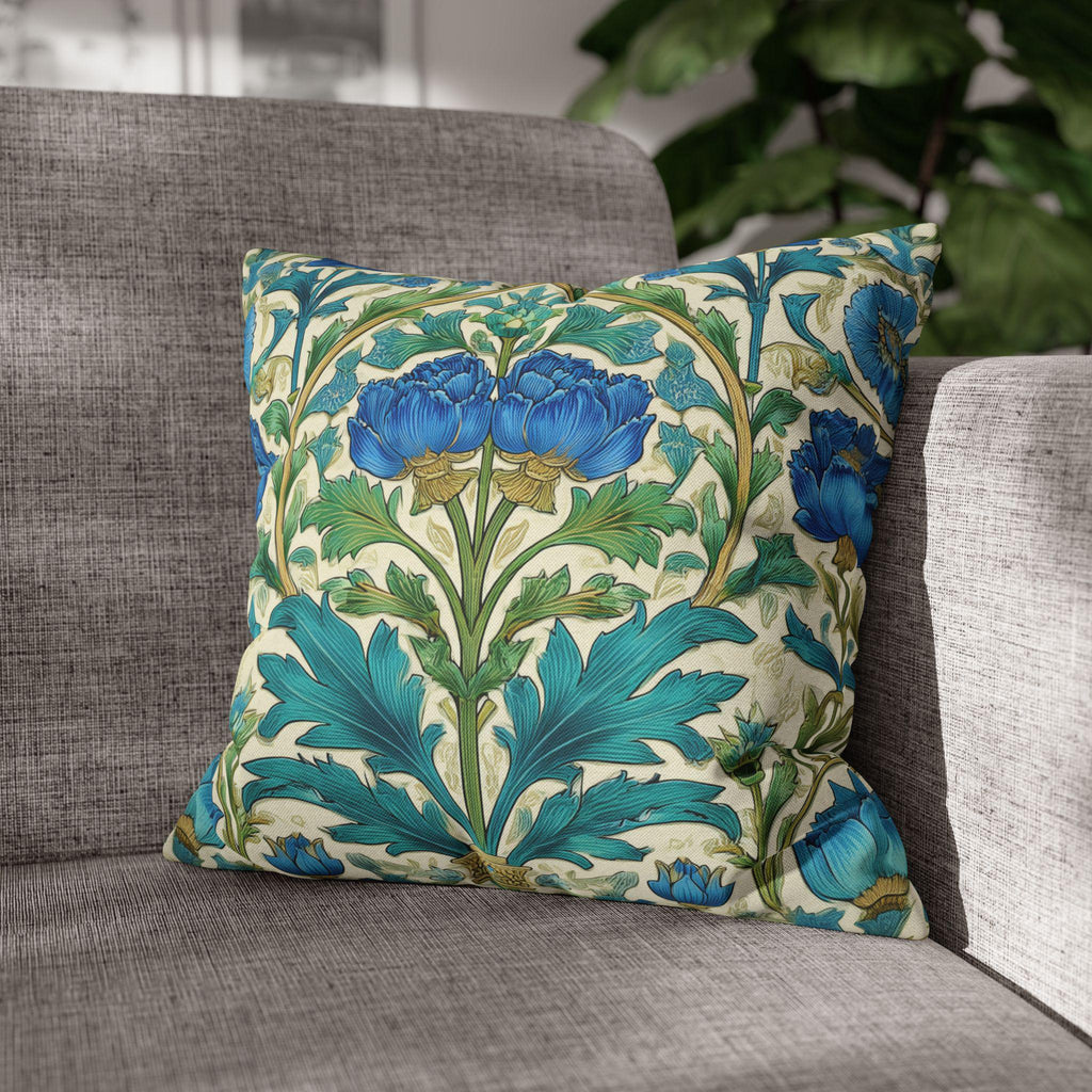 William Morris Inspired Teal Floral Pillow Cover: Art Nouveau Botanical Accent for Victorian Decor