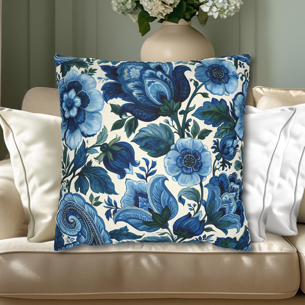 Blue and White Botanical Pillow Cover: Stylized Floral Vine Design