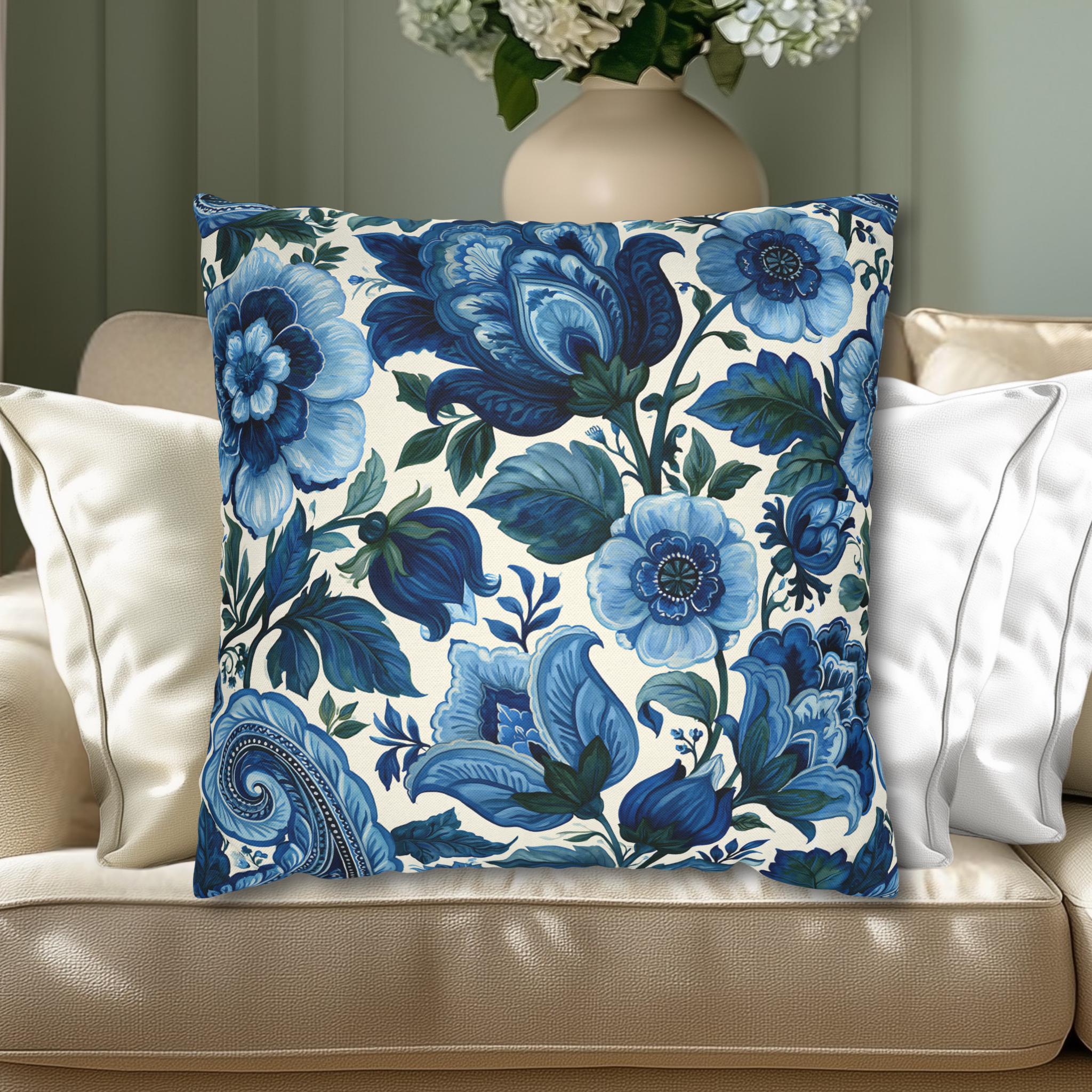 Blue and White Botanical Pillow Cover: Stylized Floral Vine Design