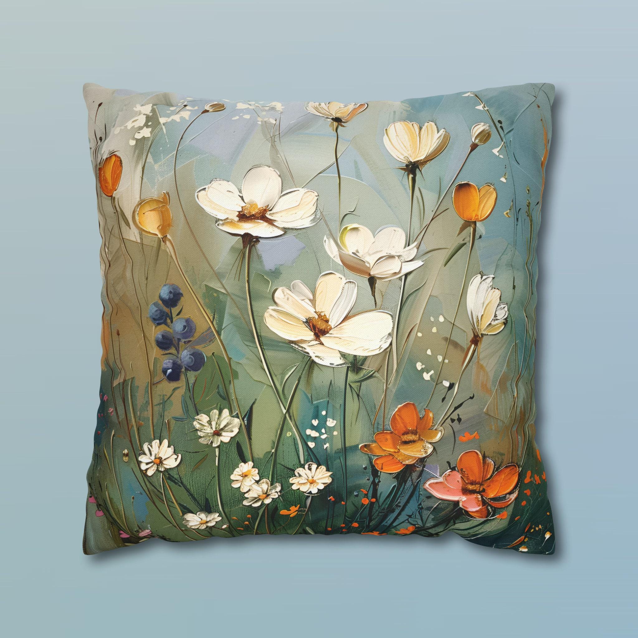 Wildflower Meadow Pillow Cover: Vintage Oil Painting Style