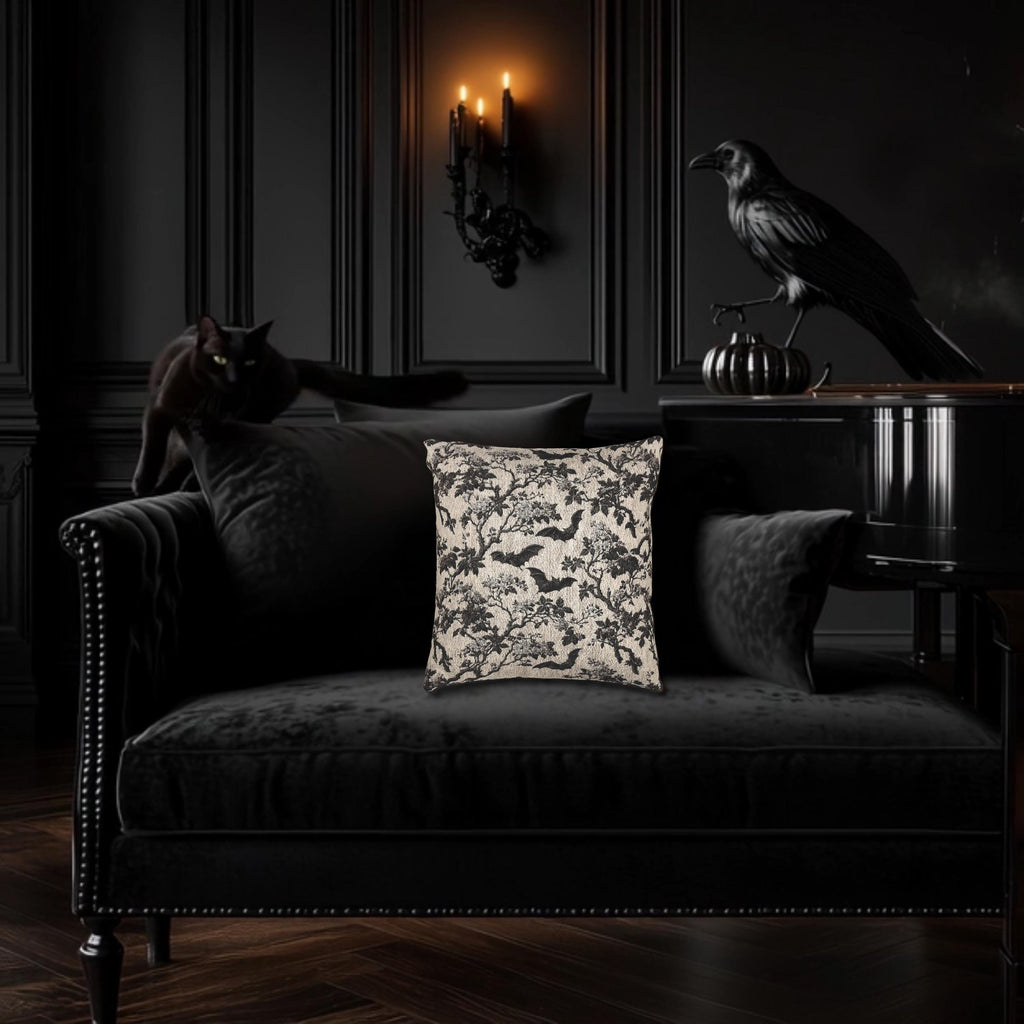 Chinoiserie Five Bats Woven Throw Pillow: Black and Cream Halloween Floral