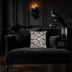 Chinoiserie Five Bats Woven Throw Pillow: Black and Cream Halloween Floral