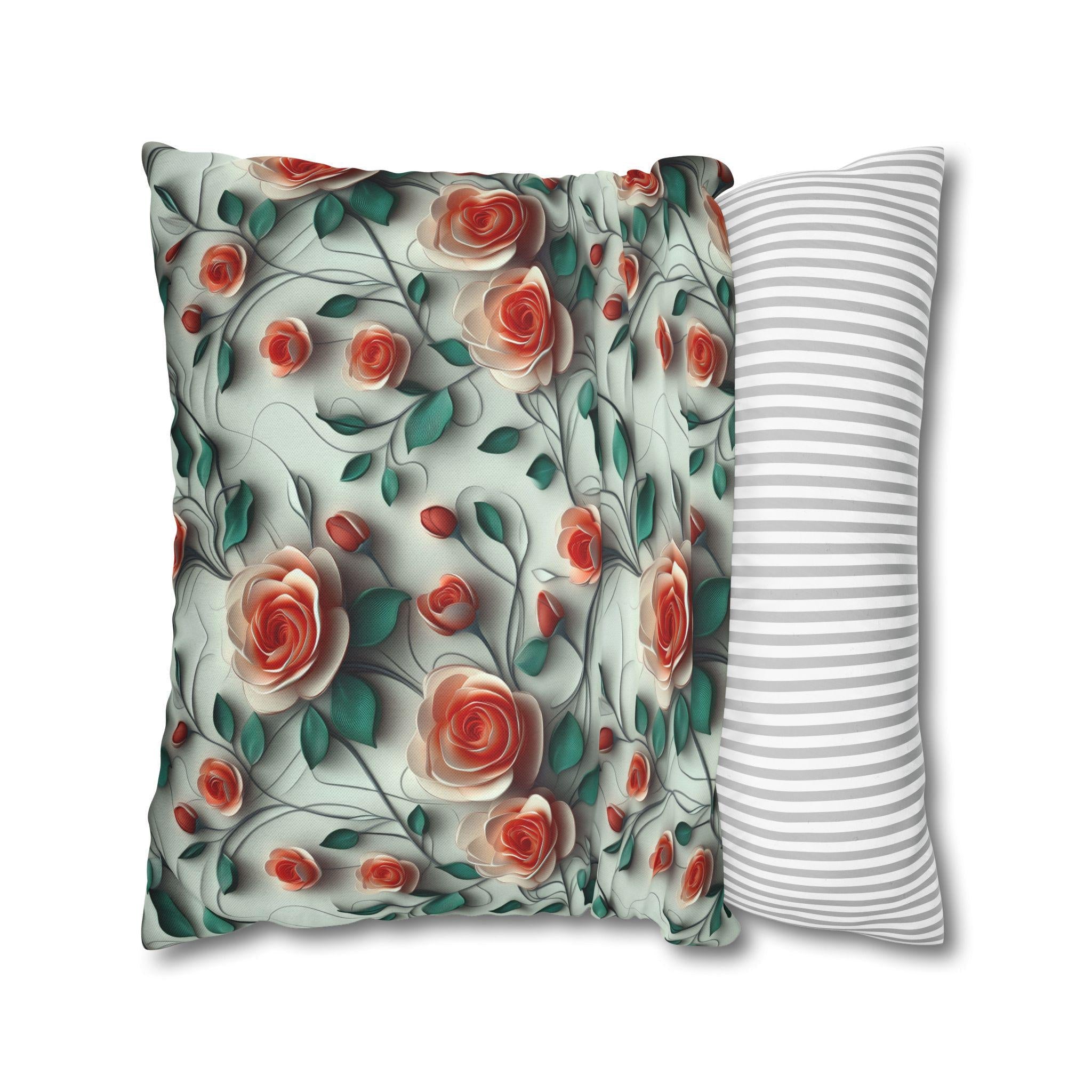 Elegant Floral Rose Square Pillowcase: Romantic Red Coral Design for Home Decor, Wedding Gift