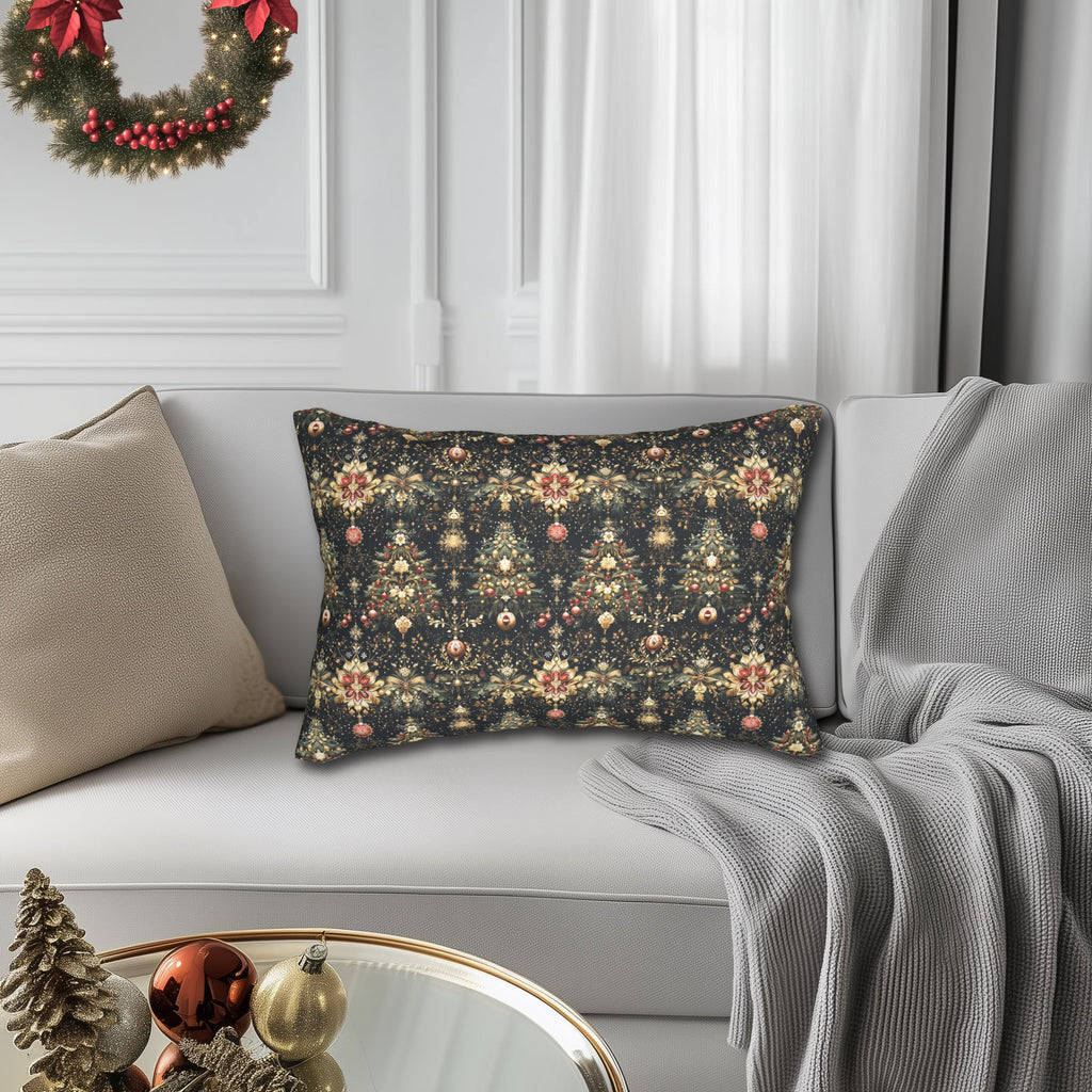 Christmas Tree Lumbar Pillow: Luxe Gold Red & Green on Deep Charcoal Holiday Decor