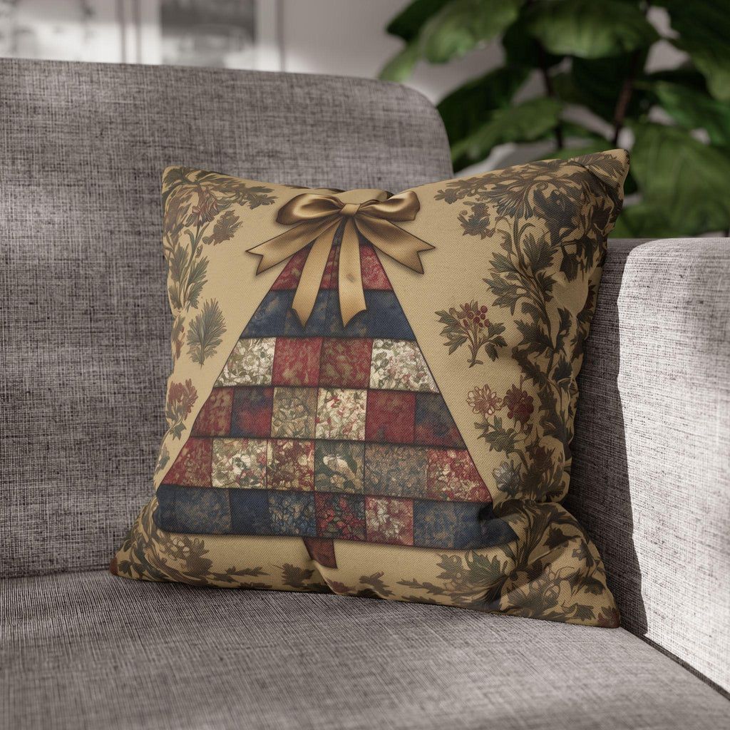 William Morris Christmas Tree Pillow Cover: Quilted Look Navy, Red & Gold Botanicals