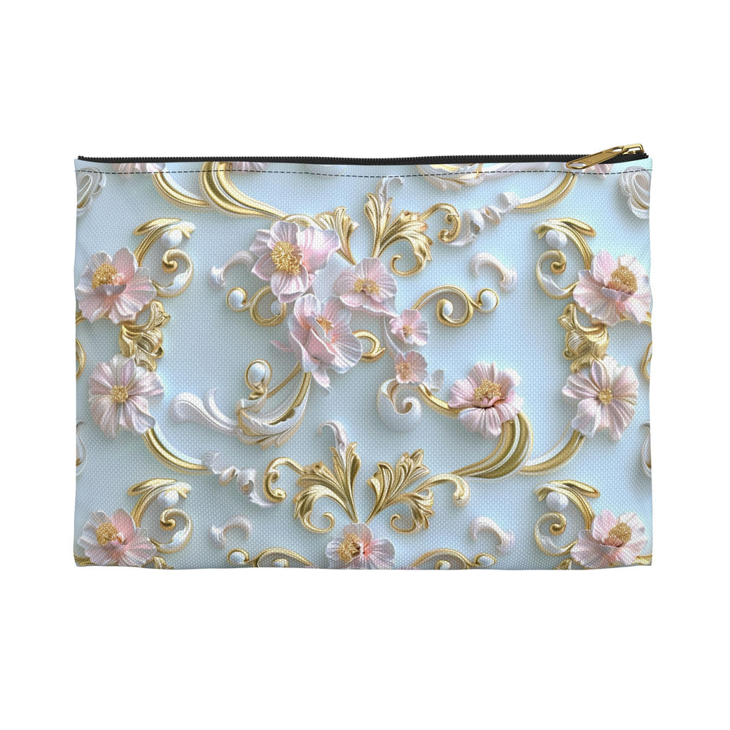 Rococo Zipper Pouch: Golden Scrollwork, Pink Flowers, Coquette Accessory