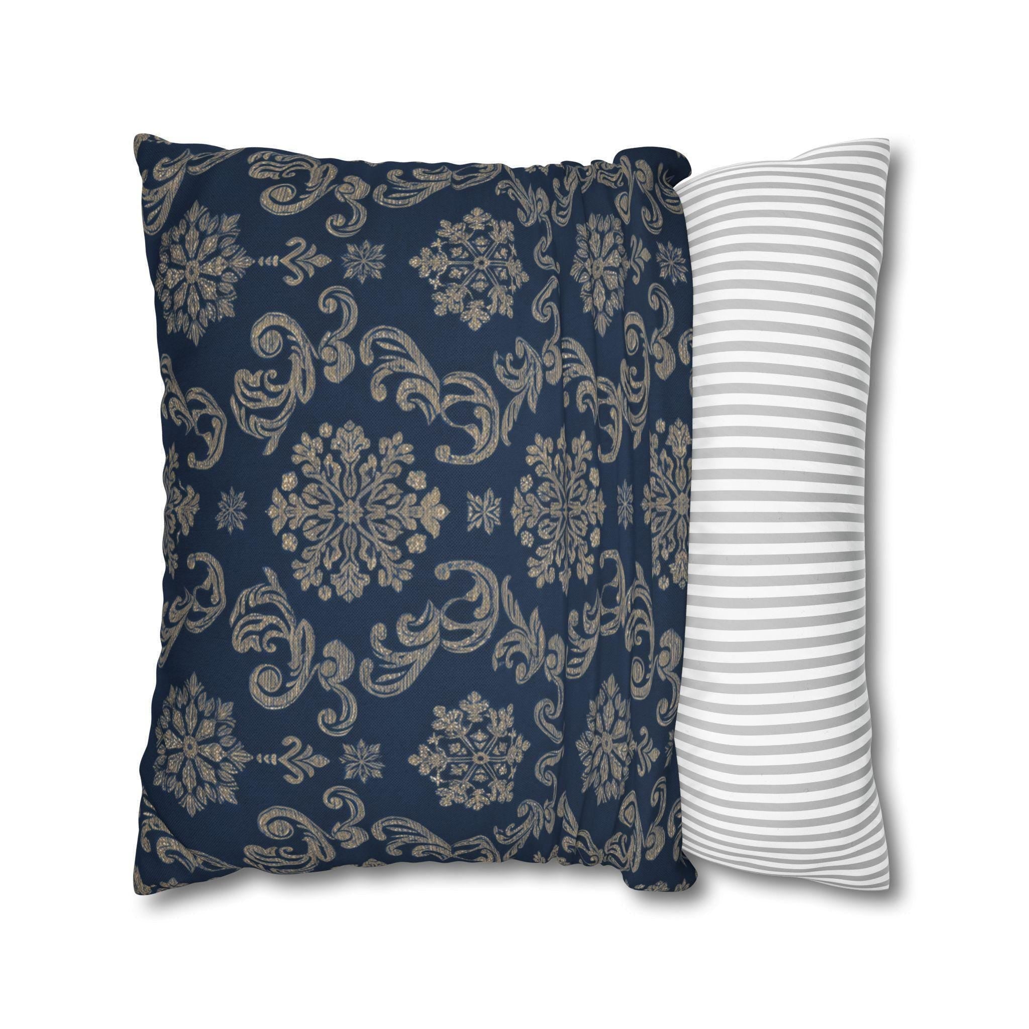 Elegant Silver Snowflake Pillow Cover: Deep Blue Holiday Decor