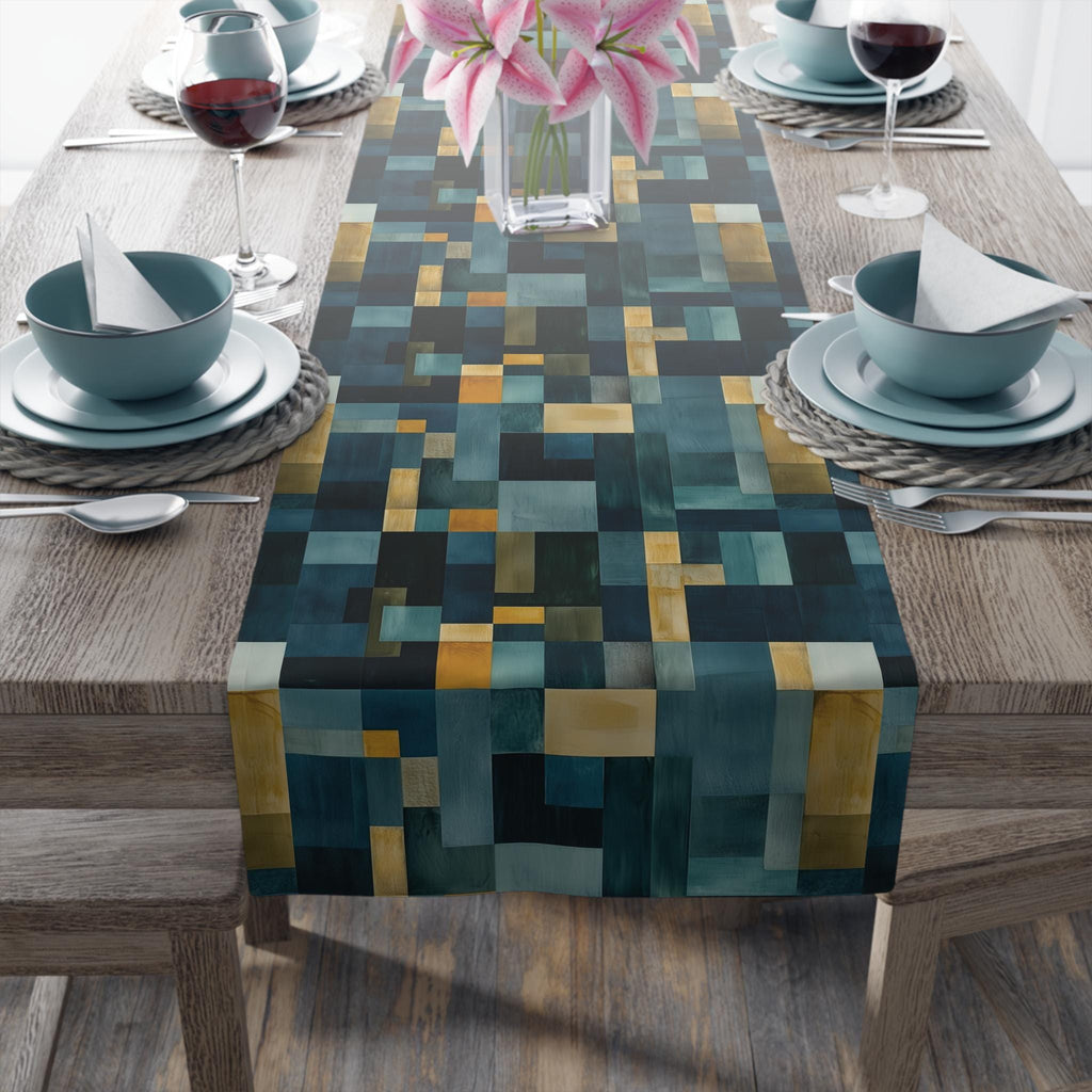 Geometric Abstract Table Runner: Blue and Earth Tones, Modern Rustic Decor, Hand-painted Effect