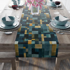 Geometric Abstract Table Runner: Blue and Earth Tones, Modern Rustic Decor, Hand-painted Effect