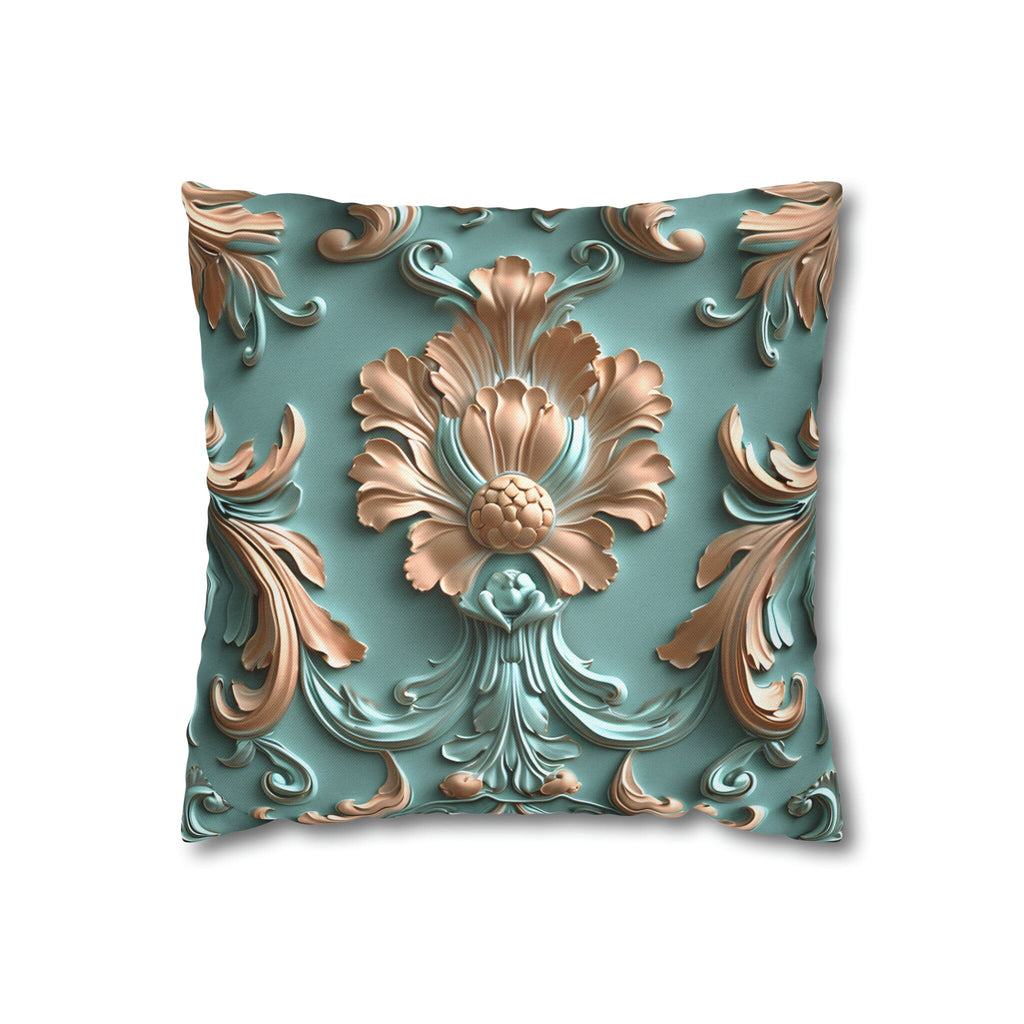 Floral Rococo Style Pillow Cover, Peach Fuzz & Light Teal Elegant Design