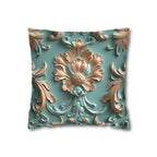 Floral Rococo Style Pillow Cover, Peach Fuzz & Light Teal Elegant Design