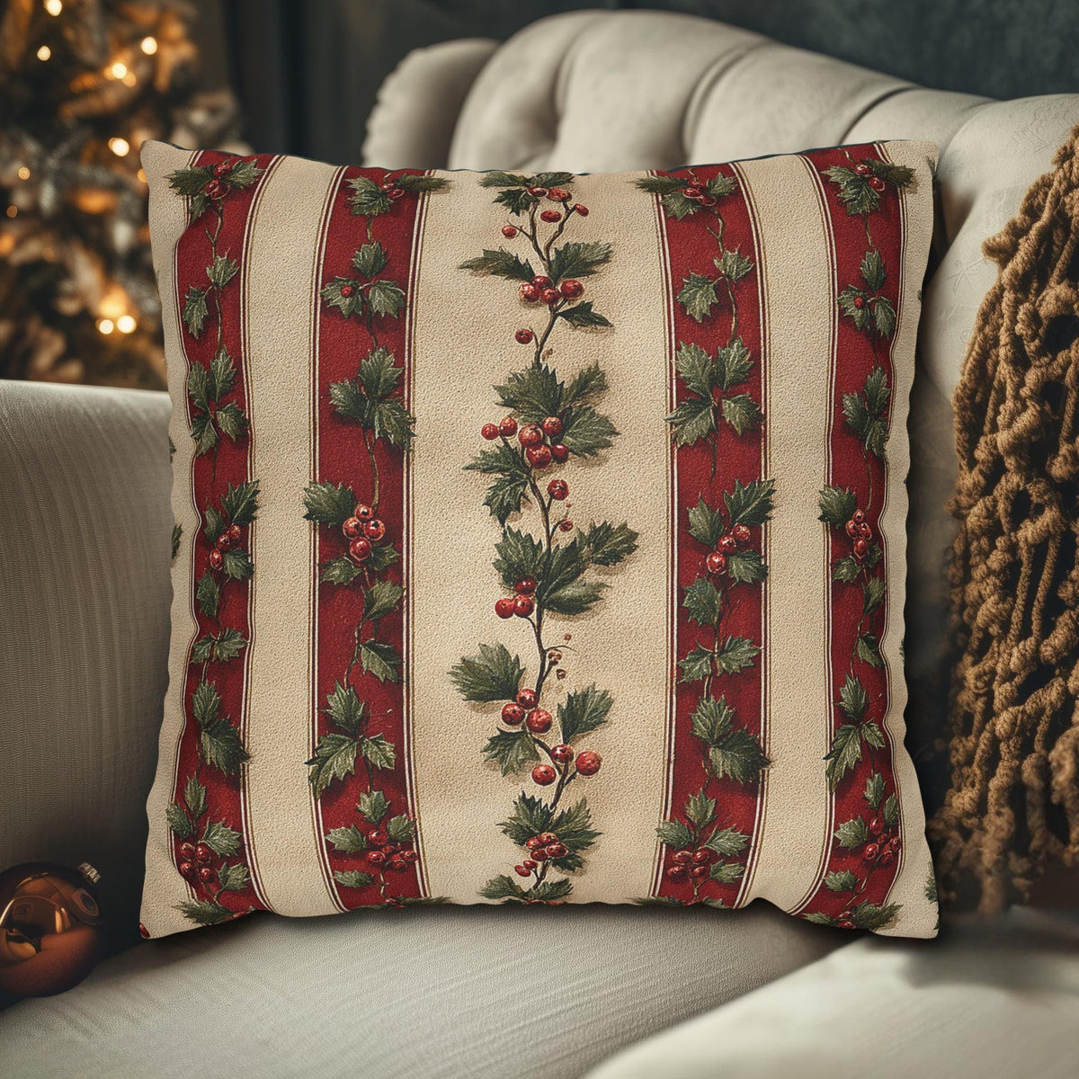 Striped Holly Christmas Pillow Cover: Red, Green, Cream Holiday Botanical Winter Decor