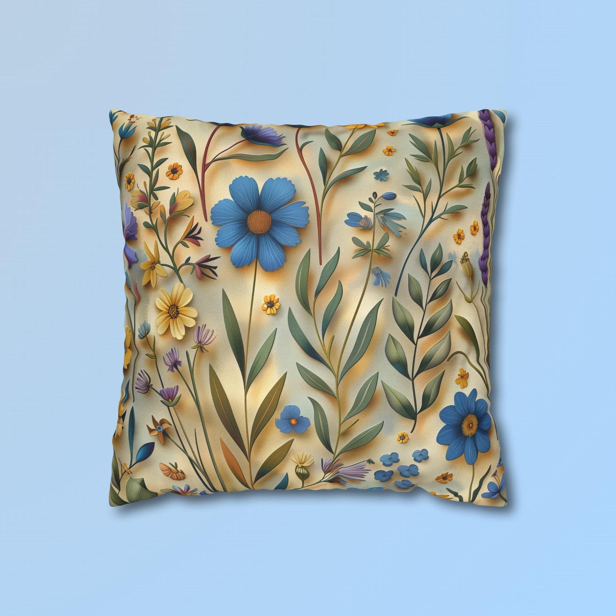 Elegant Cottagecore Wildflower Pillow Cover: Blue, Yellow & Green Floral on Beige - Housewarming Gift