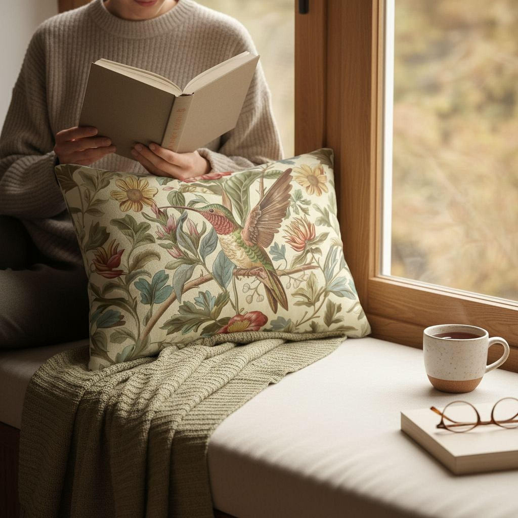 William Morris Hummingbird Lumbar Pillow: Vintage Style Botanical Bird Floral Accent