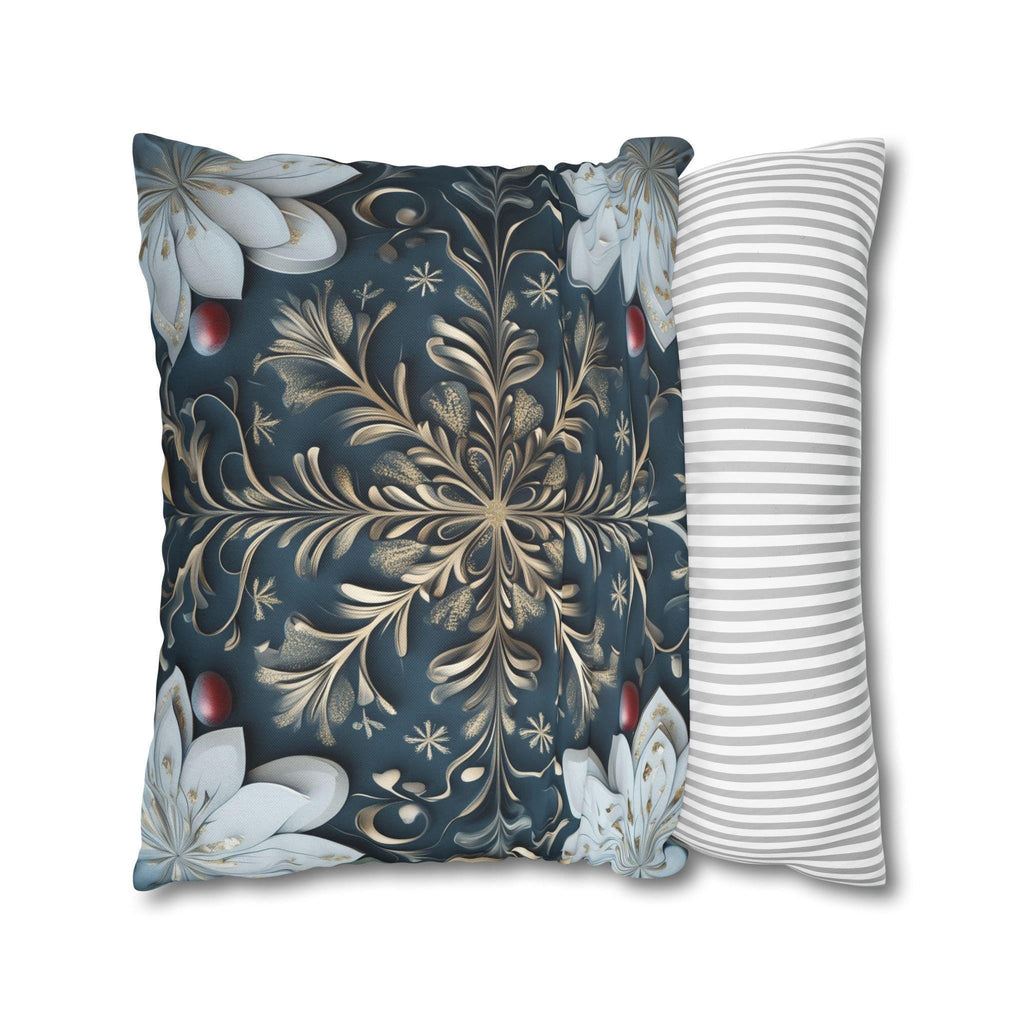 Gold White & Blue Snowflake Square Pillowcase, Elegant Festive Christmas Pillow Cover