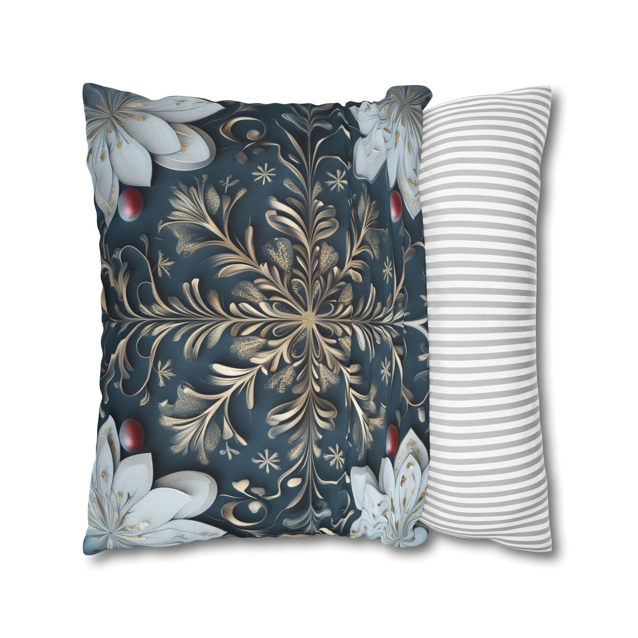 Gold White & Blue Snowflake Square Pillowcase, Elegant Festive Christmas Pillow Cover