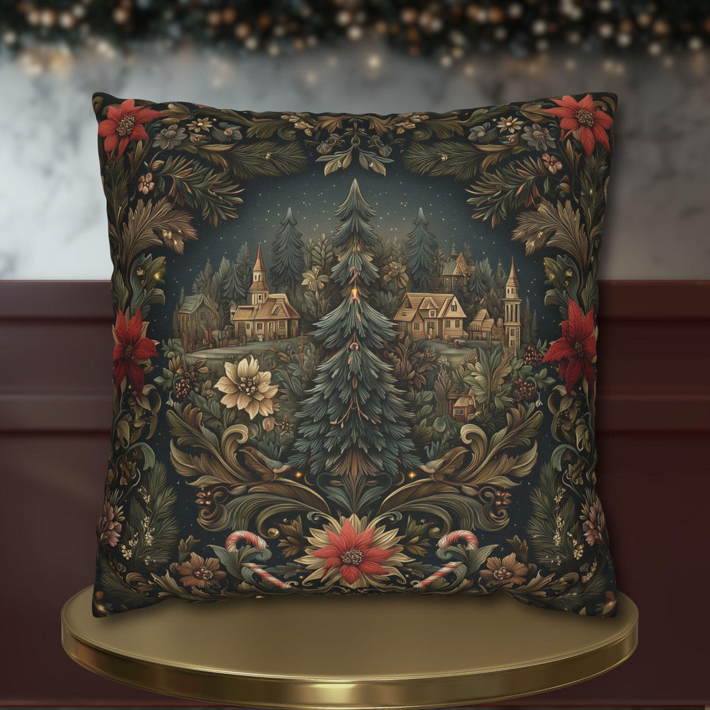 Storybook Village Christmas Pillow Cover: William Morris Style, Pine Green and Crimson Florals
