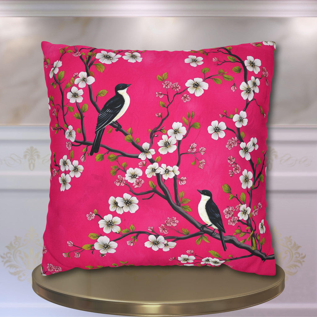 Chinoiserie Magenta Bird Pillow Cover: Vibrant Botanical Accent for Eclectic Decor