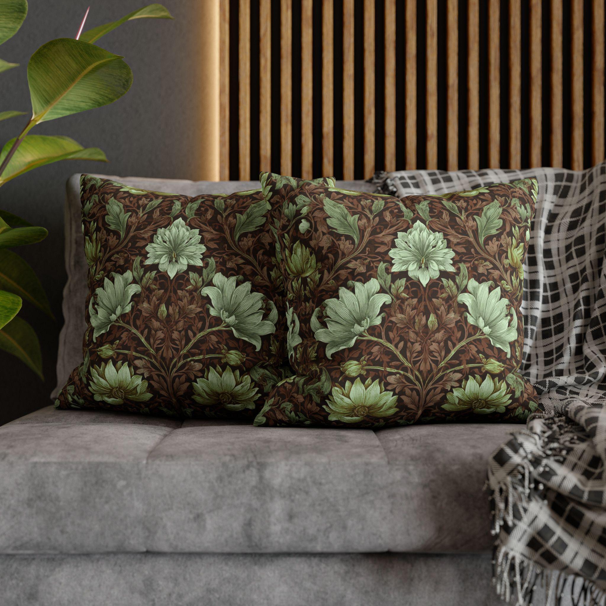 William Morris Style Pillow Cover: Maroon, Sage and Cream Botanical Floral