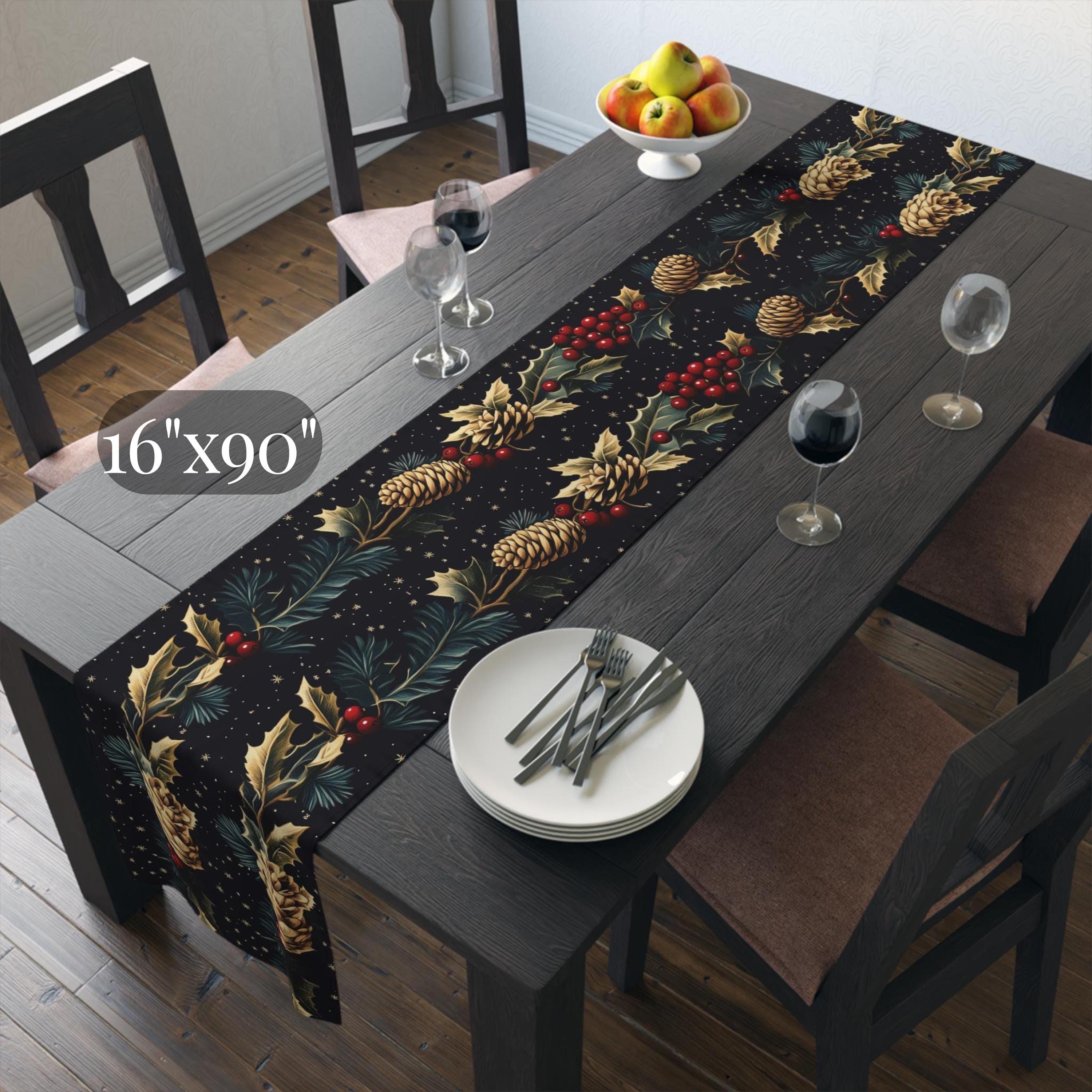 Pinecone & Holly Table Runner: William Morris Inspired Gold and Red Holiday Decor
