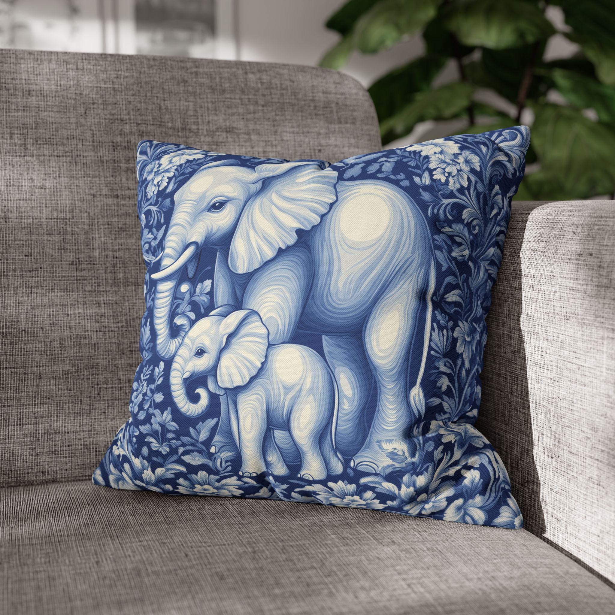 William Morris Inspired Elephant Pillow Cover: Blue & White Botanical Tapestry Cushion Case