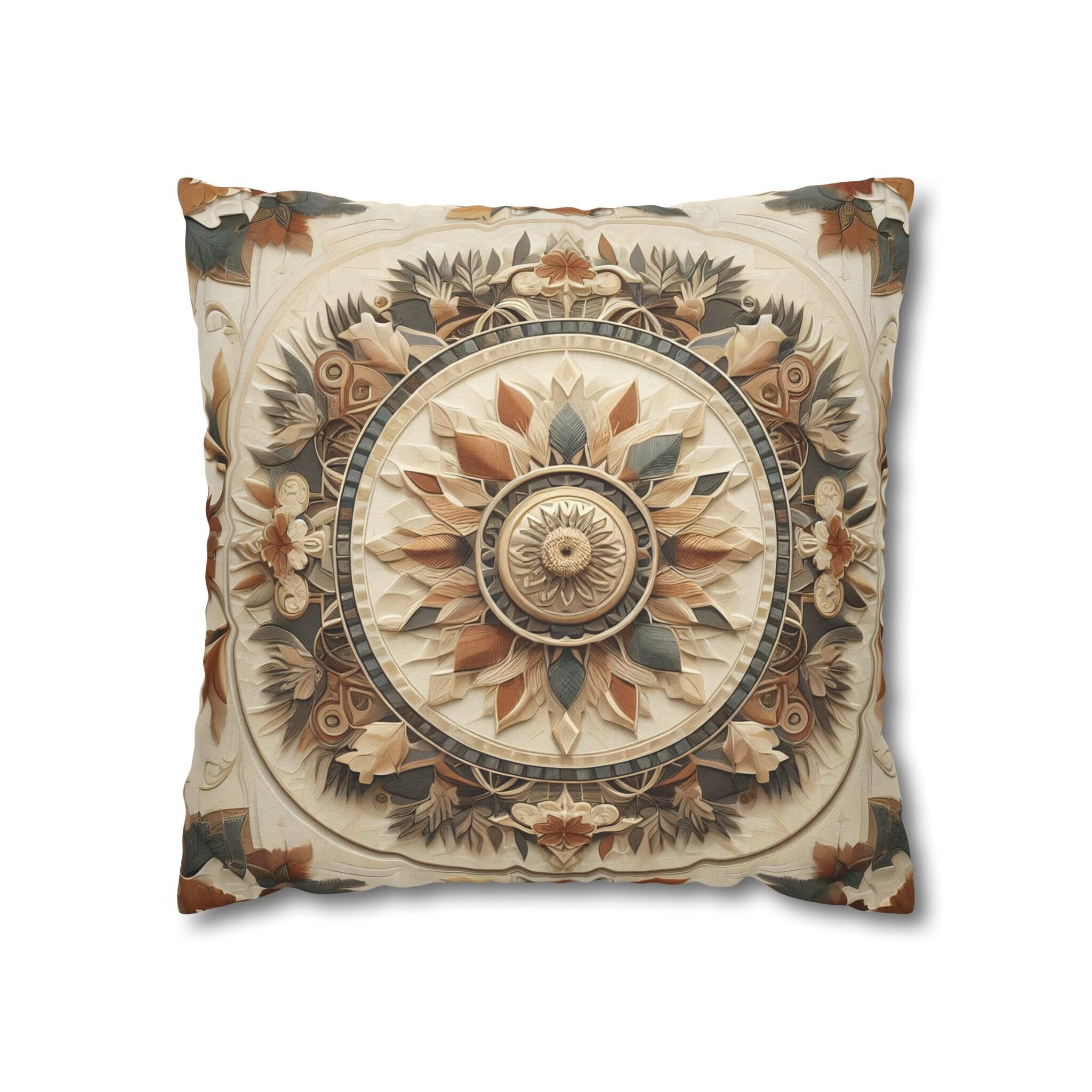 Boho Geometric Floral Pillow Cover: Earth Tone Cushion for Rustic Fall Home Decor