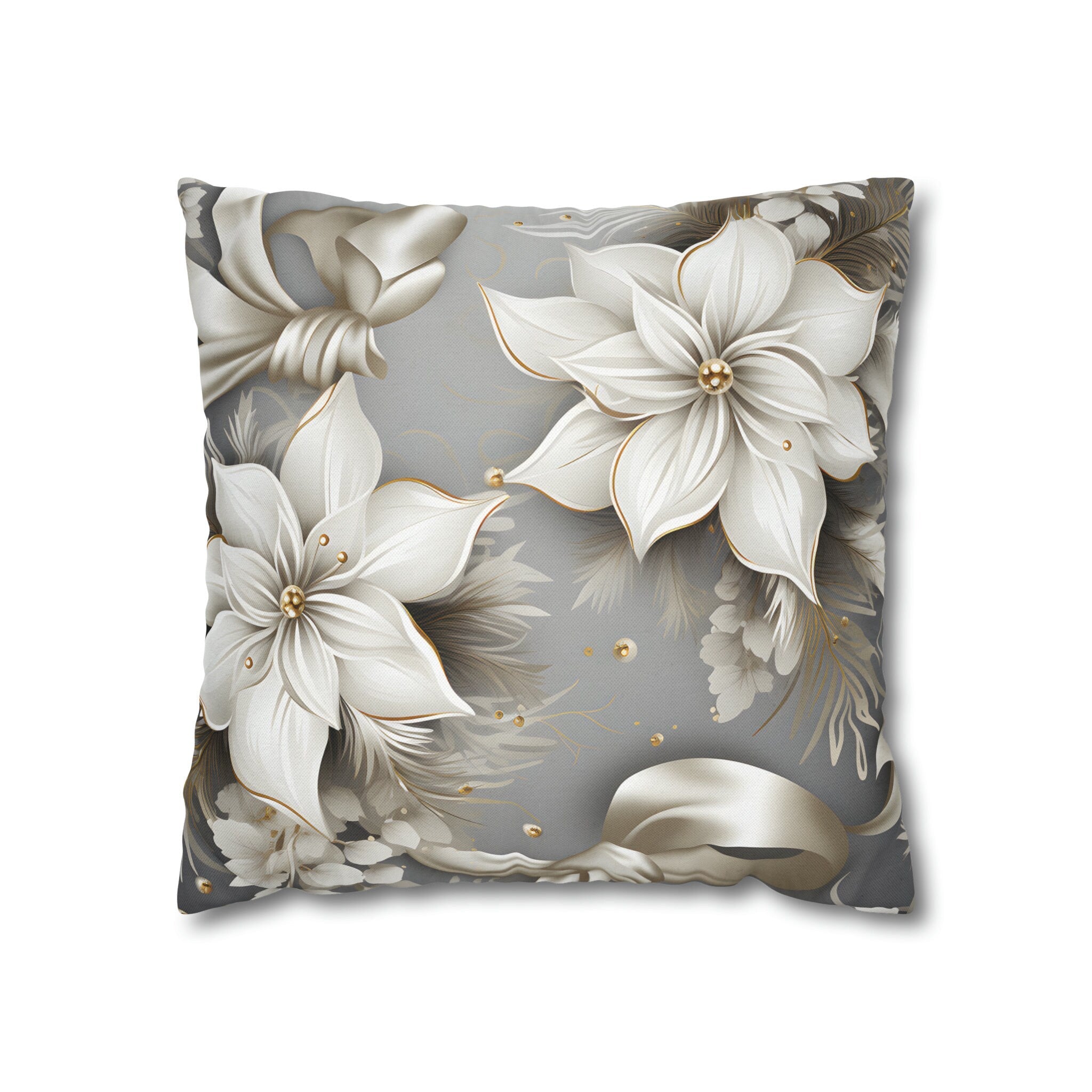 Elegant White Poinsettia Silver Ribbon Pillow Cover: Luxurious Holiday Decor for Couch