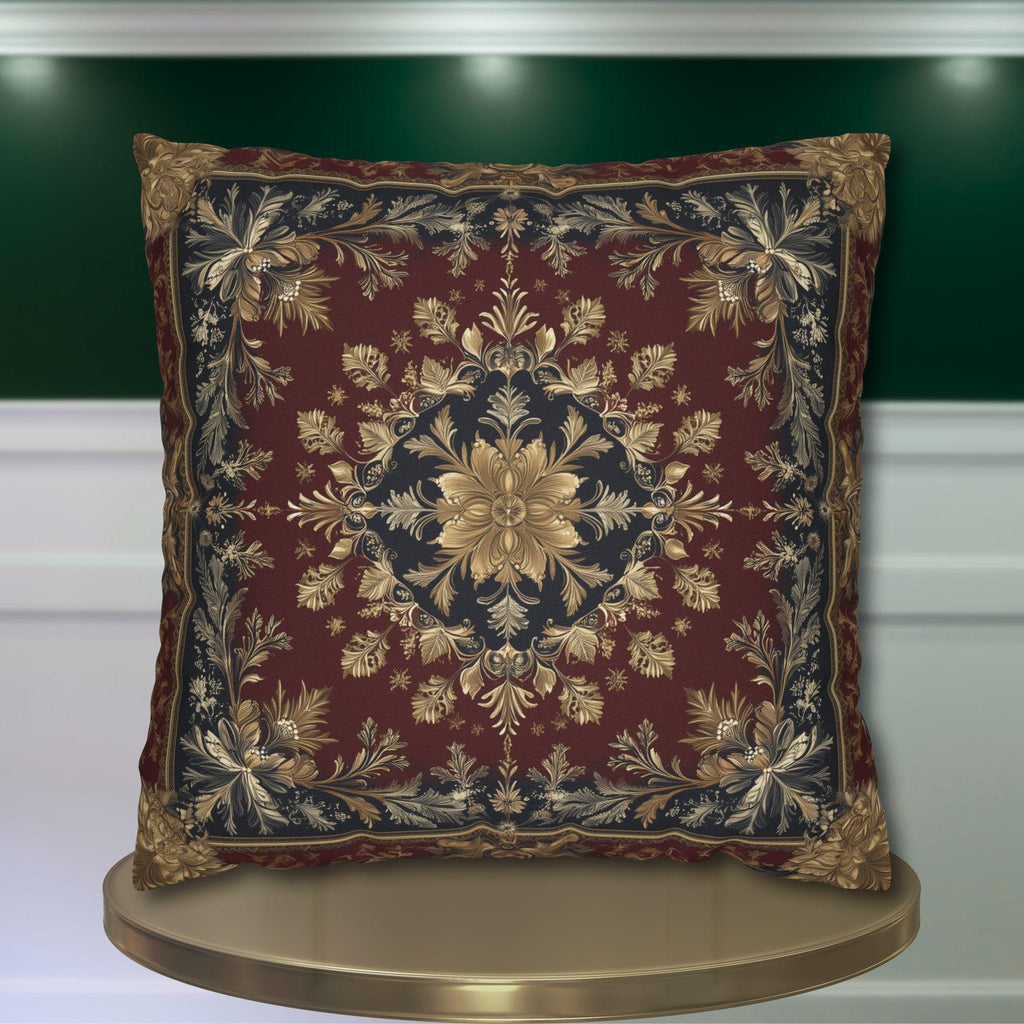 Vintage Inspired Pillow Cover: Gold Floral Burgundy Cushion
