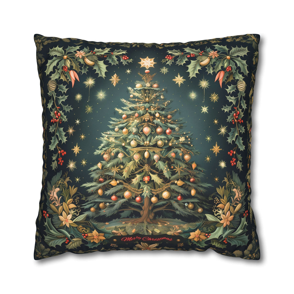 William Morris Merry Christmas 2024 Euro Sham, Gold Red Ornaments on Forest Green and Holly 24x24 & 26x26 inch sizes available