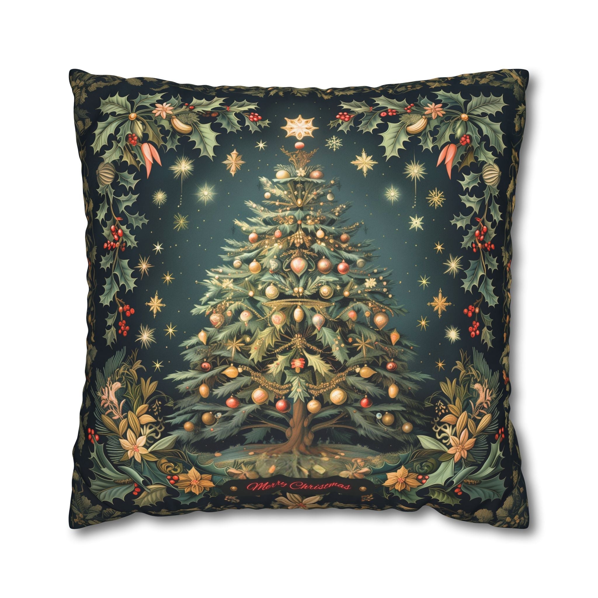 William Morris Merry Christmas 2024 Euro Sham, Gold Red Ornaments on Forest Green and Holly 24x24 & 26x26 inch sizes available