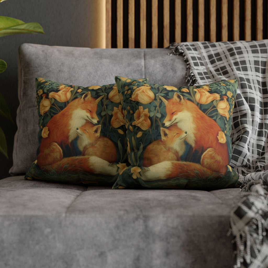 Mother's Bond Fox Pillow Cover: William Morris Inspired Woodland Botanical