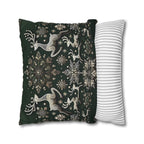 Elegant Emerald Green Throw Pillow Cover with Intricate Snowflakes and Reindeer Design
