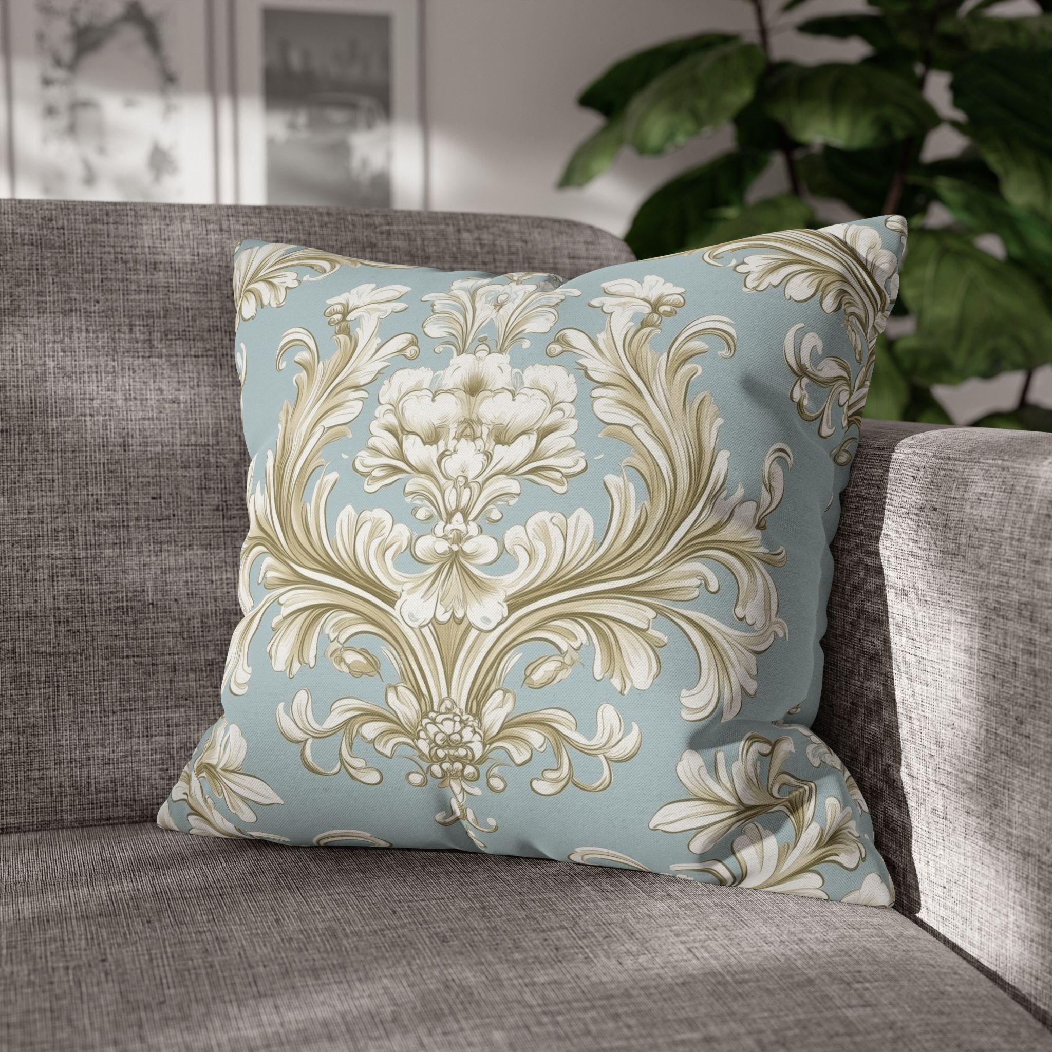 Elegant Baroque Floral Pillowcase: Champagne & Gold on Powder Blue - Luxurious Home Decor Gift