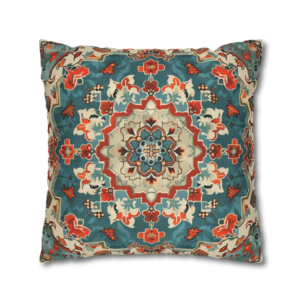 Traditional Turkish Kilim-Inspired Pillow Cover: Vibrant Teal Medallion Design Square Cushion