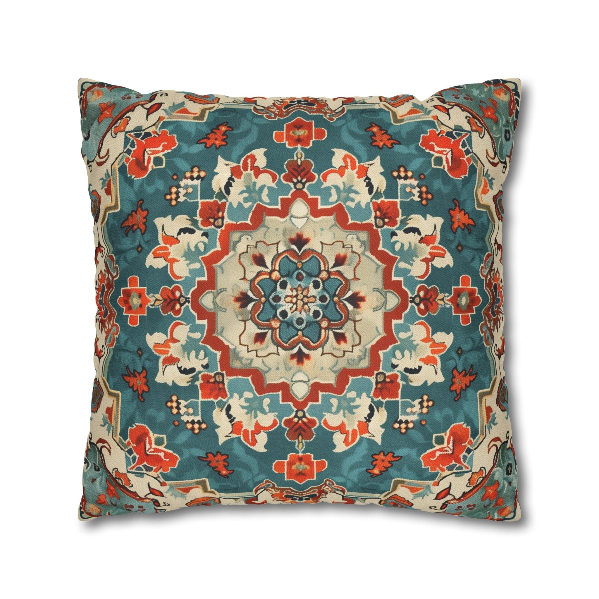Traditional Turkish Kilim-Inspired Pillow Cover: Vibrant Teal Medallion Design Square Cushion